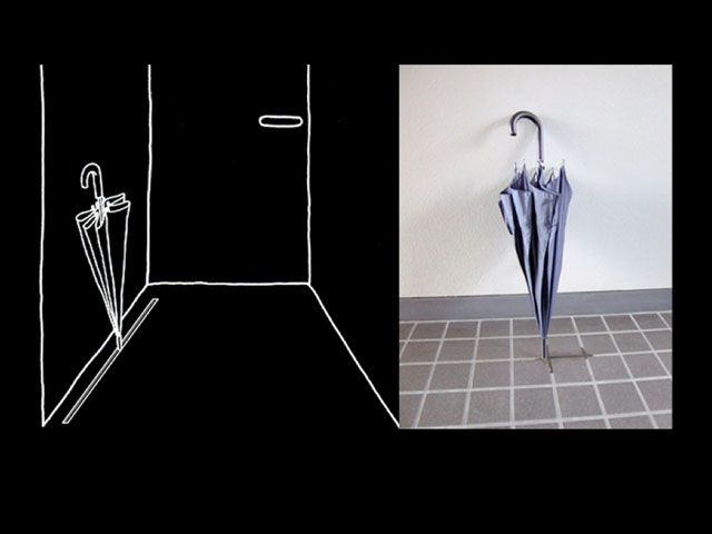 An illustration and the real product — an umbrella stand that blends into the ground by Naoto Fukasawa