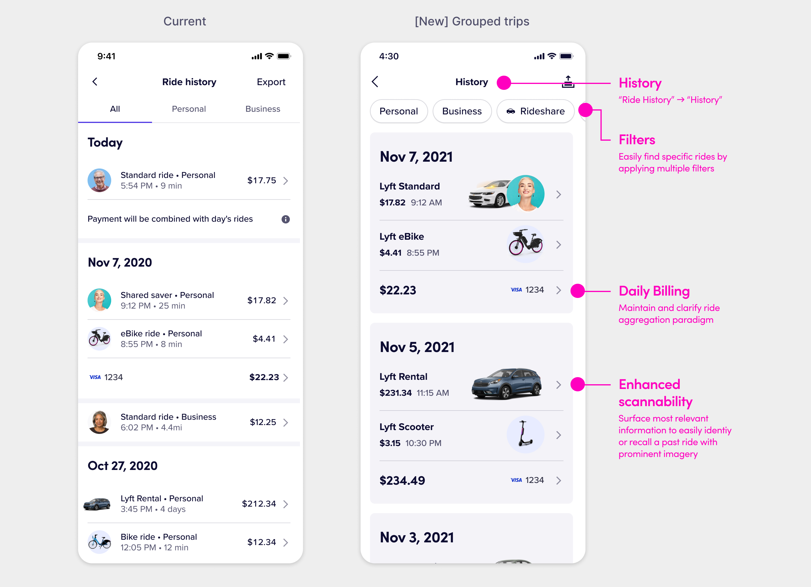 A before-and-after view of the old Ride History compared against the trips model with card grouping