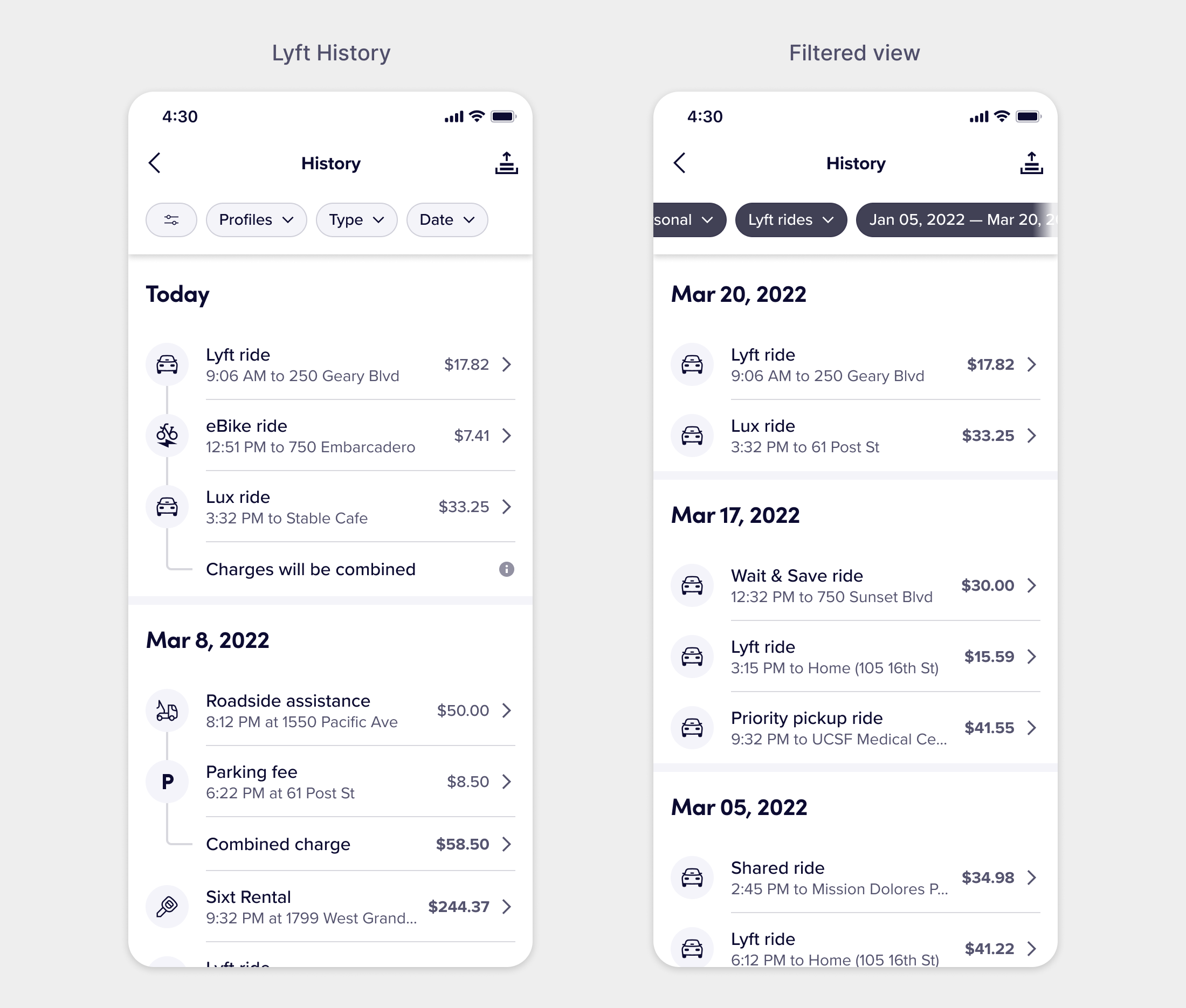 Final designs for Lyft History showing a receipt-style list view