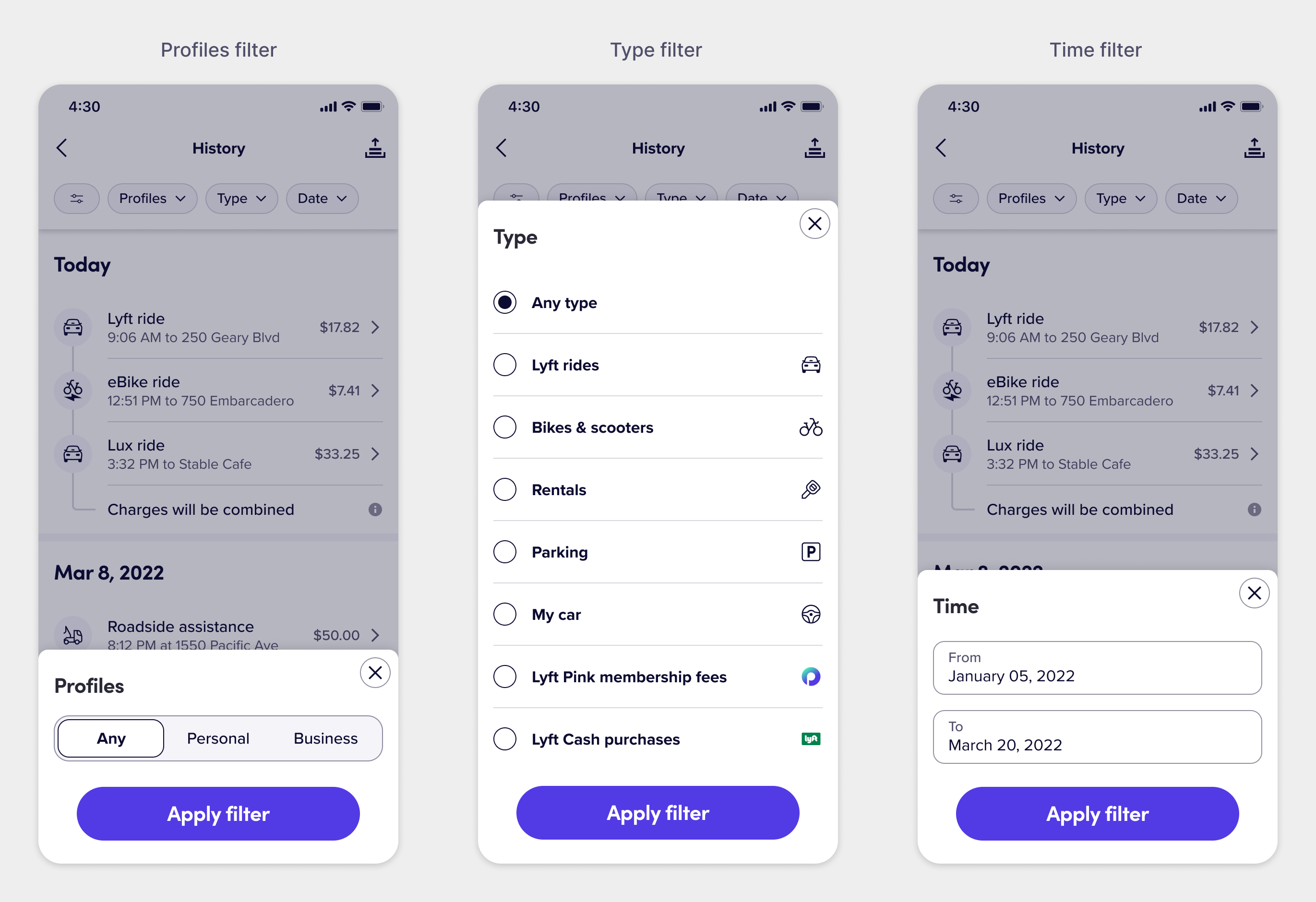 Lyft History filter modal examples
