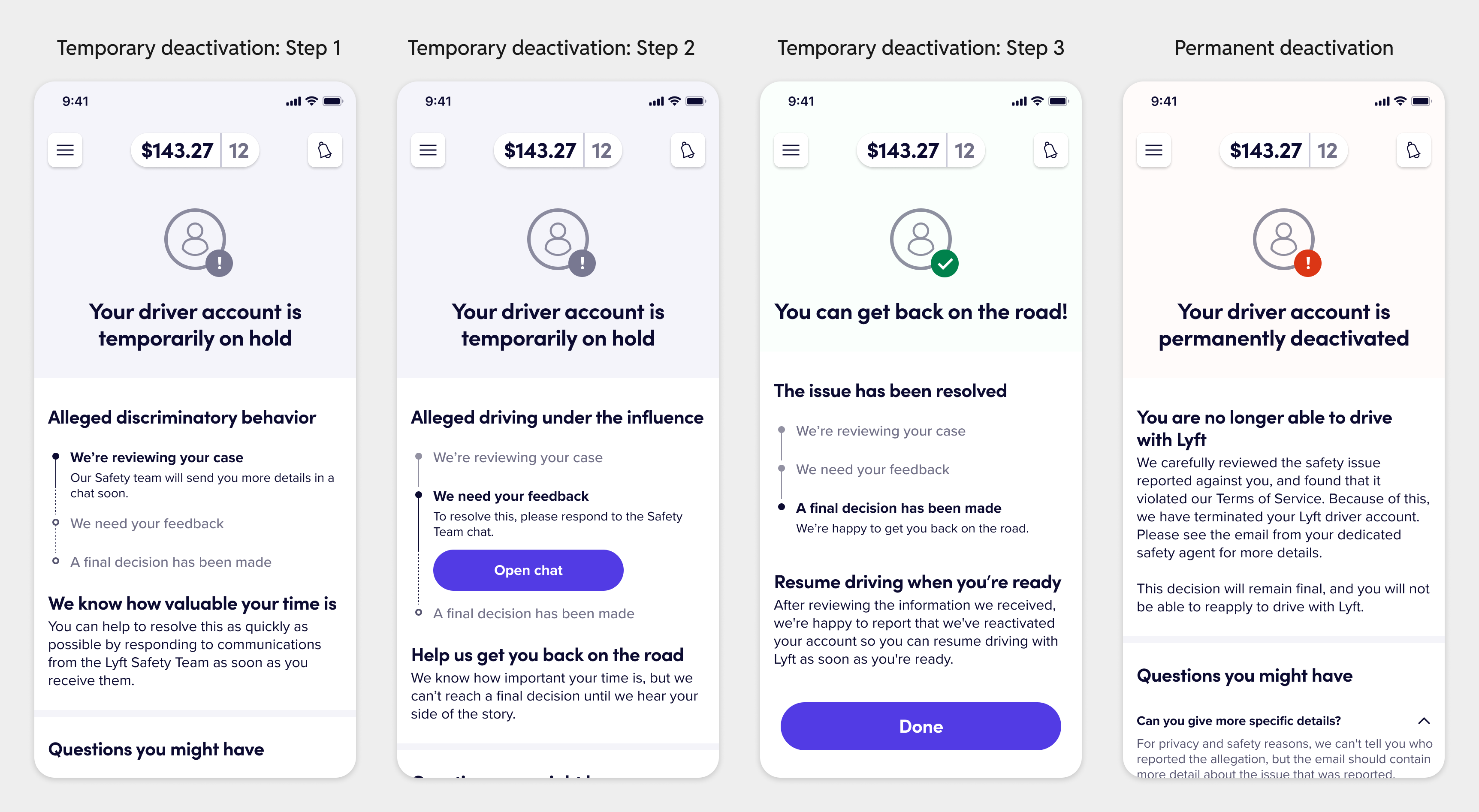 Final designs for Trust & Safety deactivations at Lyft