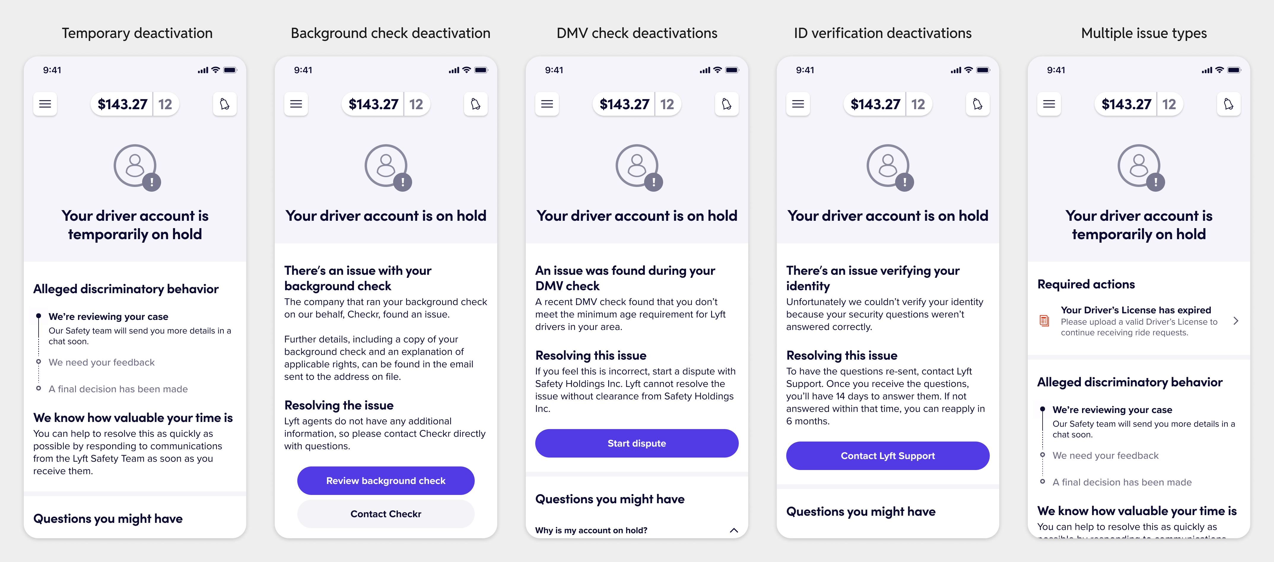 Examples of how the deactivation messaging scaled to multiple different types of deactivations and for multiple issues