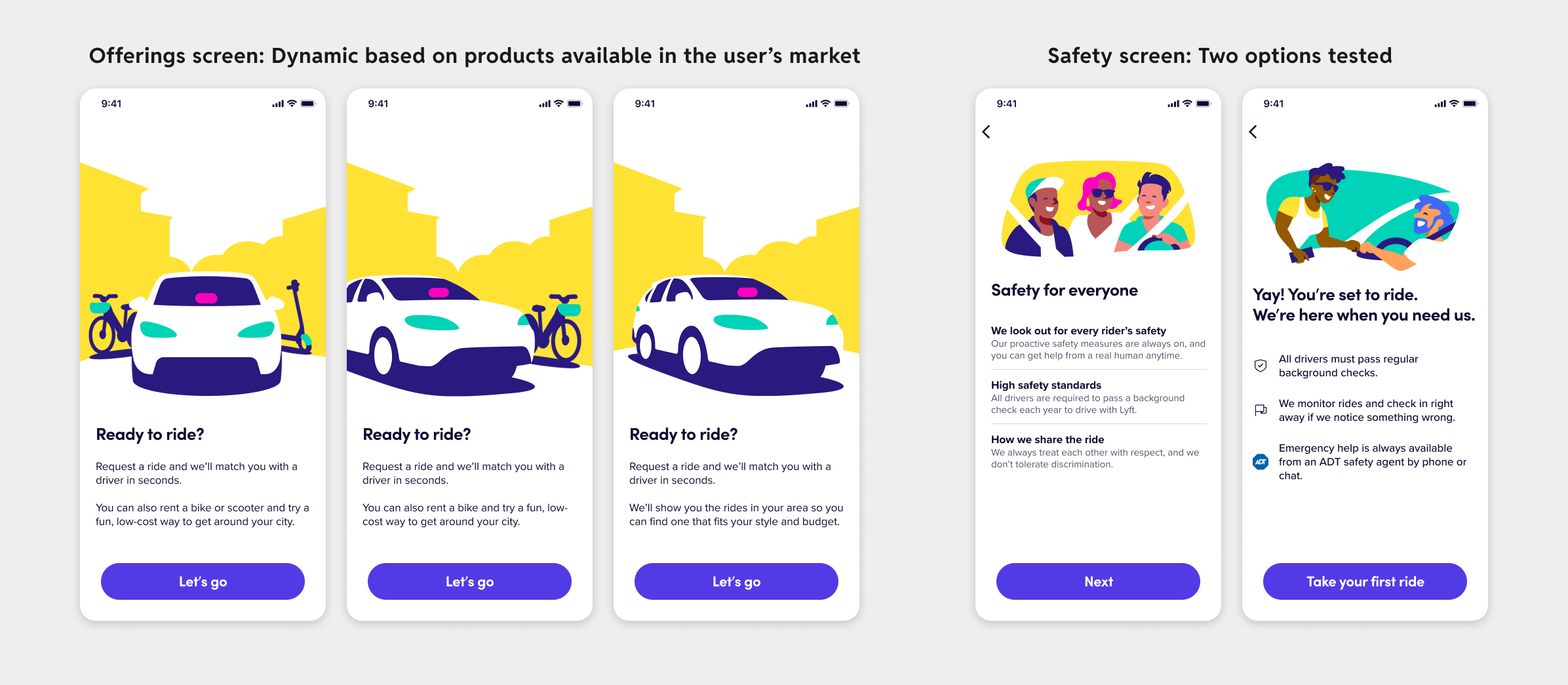Welcome screen options that were tested for displaying offerings or safety on the Welcome screen