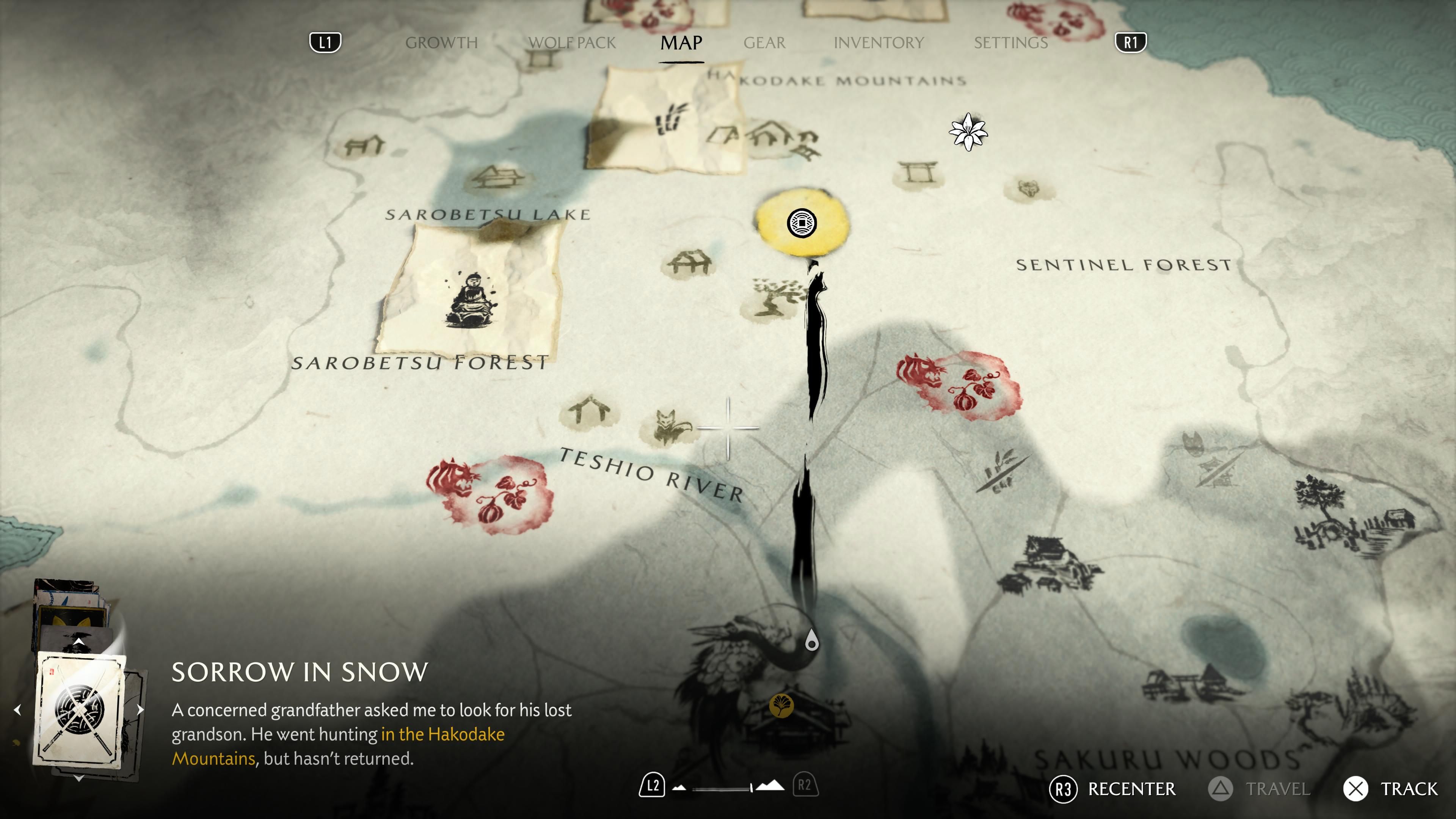 Ghost of Yotei's map showing a waypoint to a quest