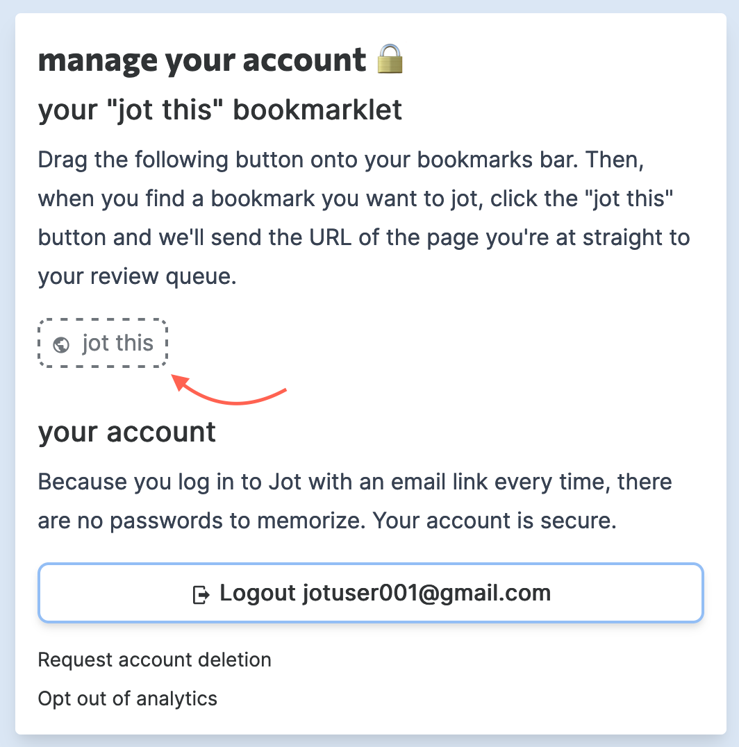 A screenshot of the "Manage Your Account" section within the Jot profile page 