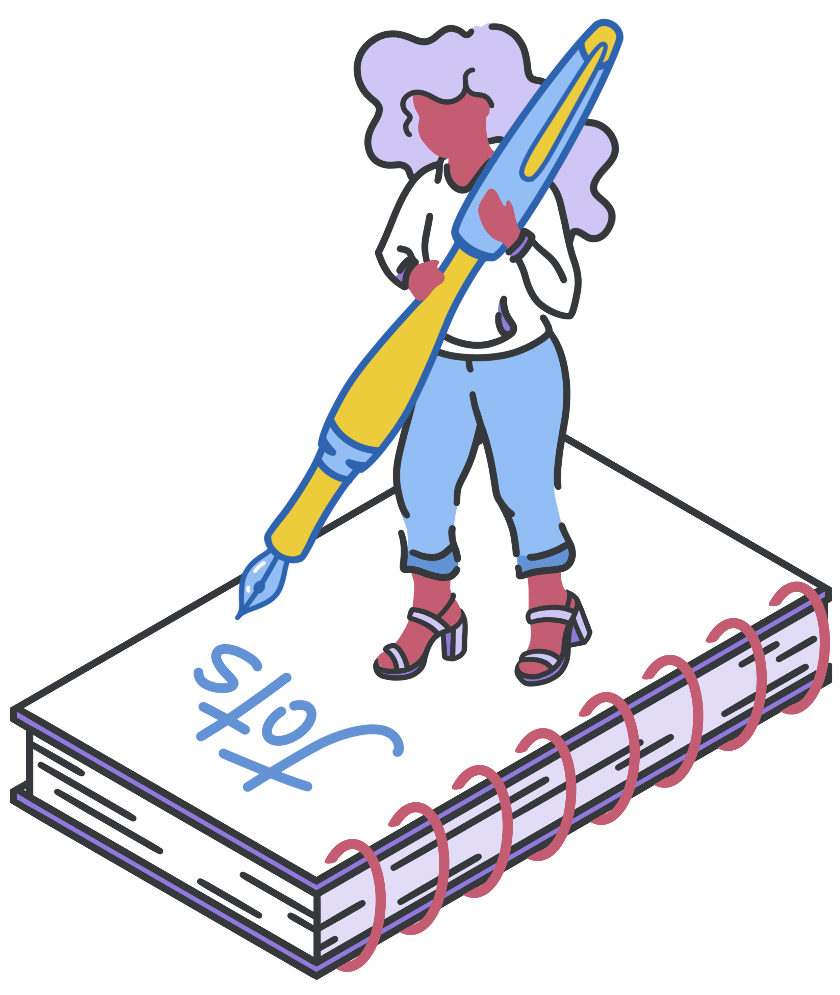 A digital illustration of a person with long, wavy hair, a hoodie, blue jeans and heels, jotting down the word "Jots" on top of a wire bound notebook.