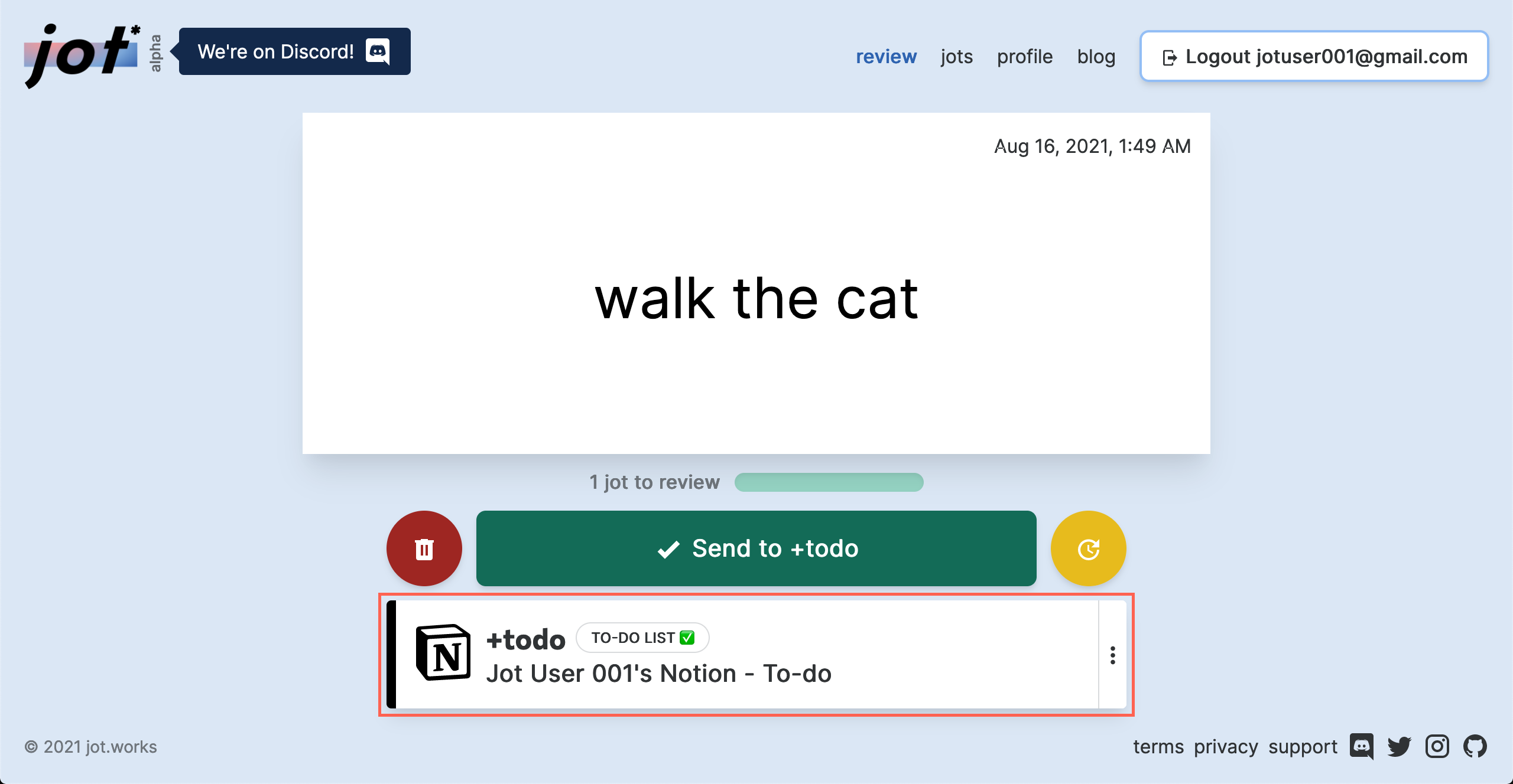 A screenshot of the review page showing our newly created "Walk the cat" jot and our+todo connection