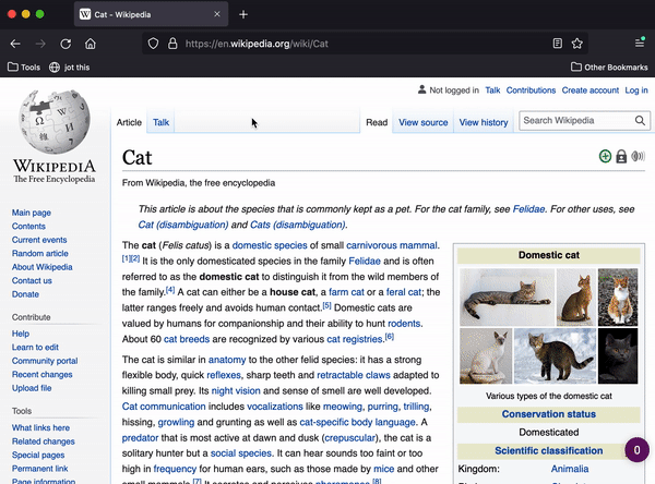 A gif showing the bookmarklet in action; showing saving the Wikipedia page for 'Cat' to Jot using the bookmarklet