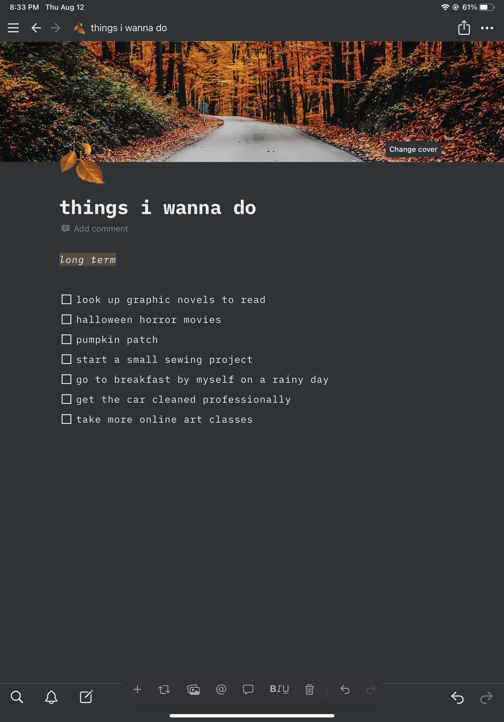 A screenshot of Noah Tanooki's bucket list in Notion, connected to Jot