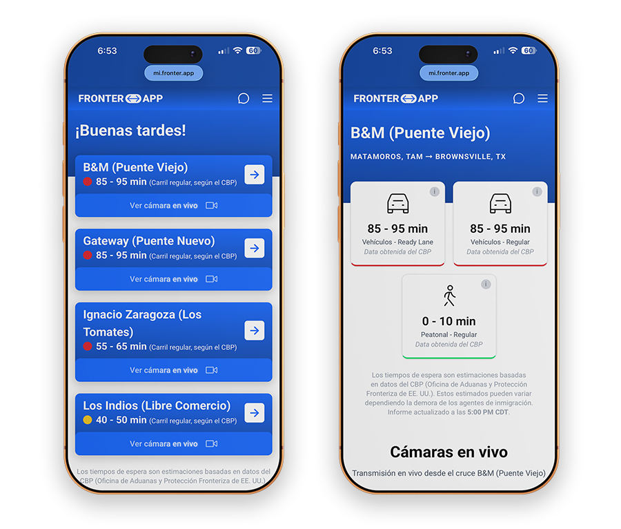 FronterApp te permite comparar tiempos de espera en todos los puentes de Matamoros y ver cámaras en vivo para elegir el mejor cruce.