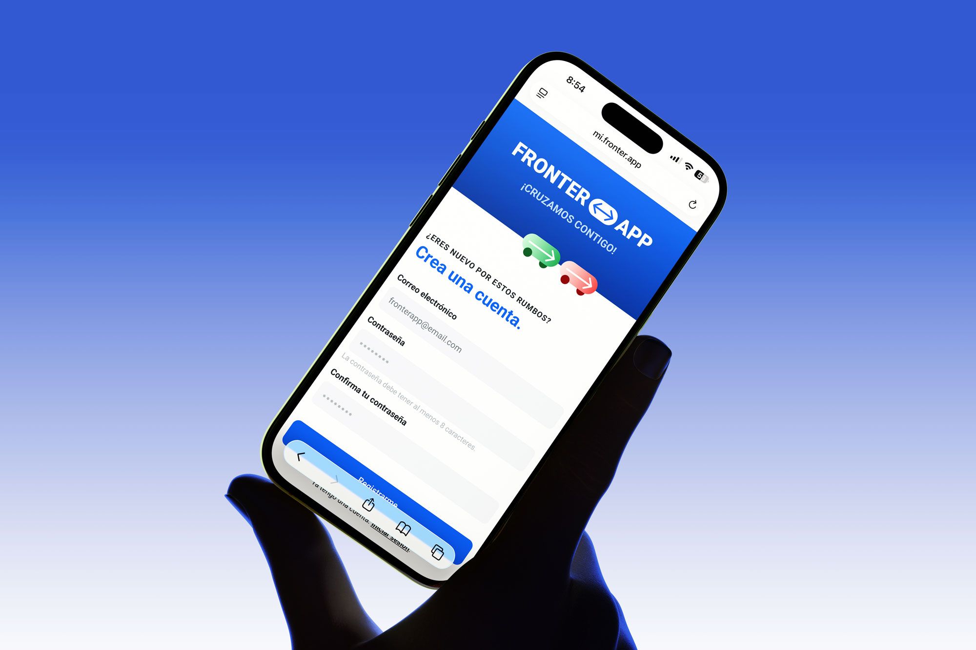 FronterApp te permite crear tu cuenta de forma rápida y segura para empezar a cruzar con información en tiempo real.