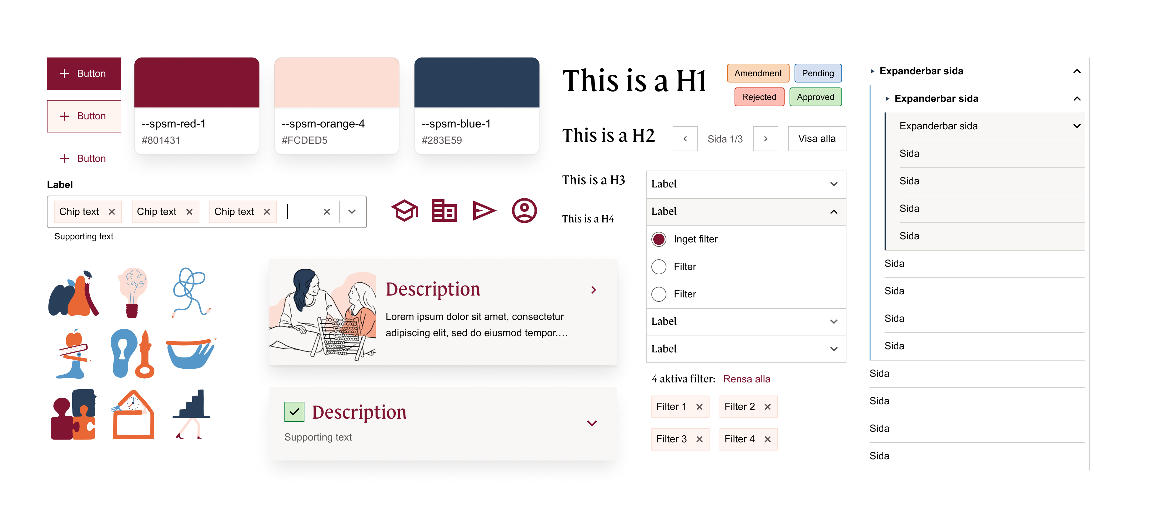 A design system with different icons, colors, fonts