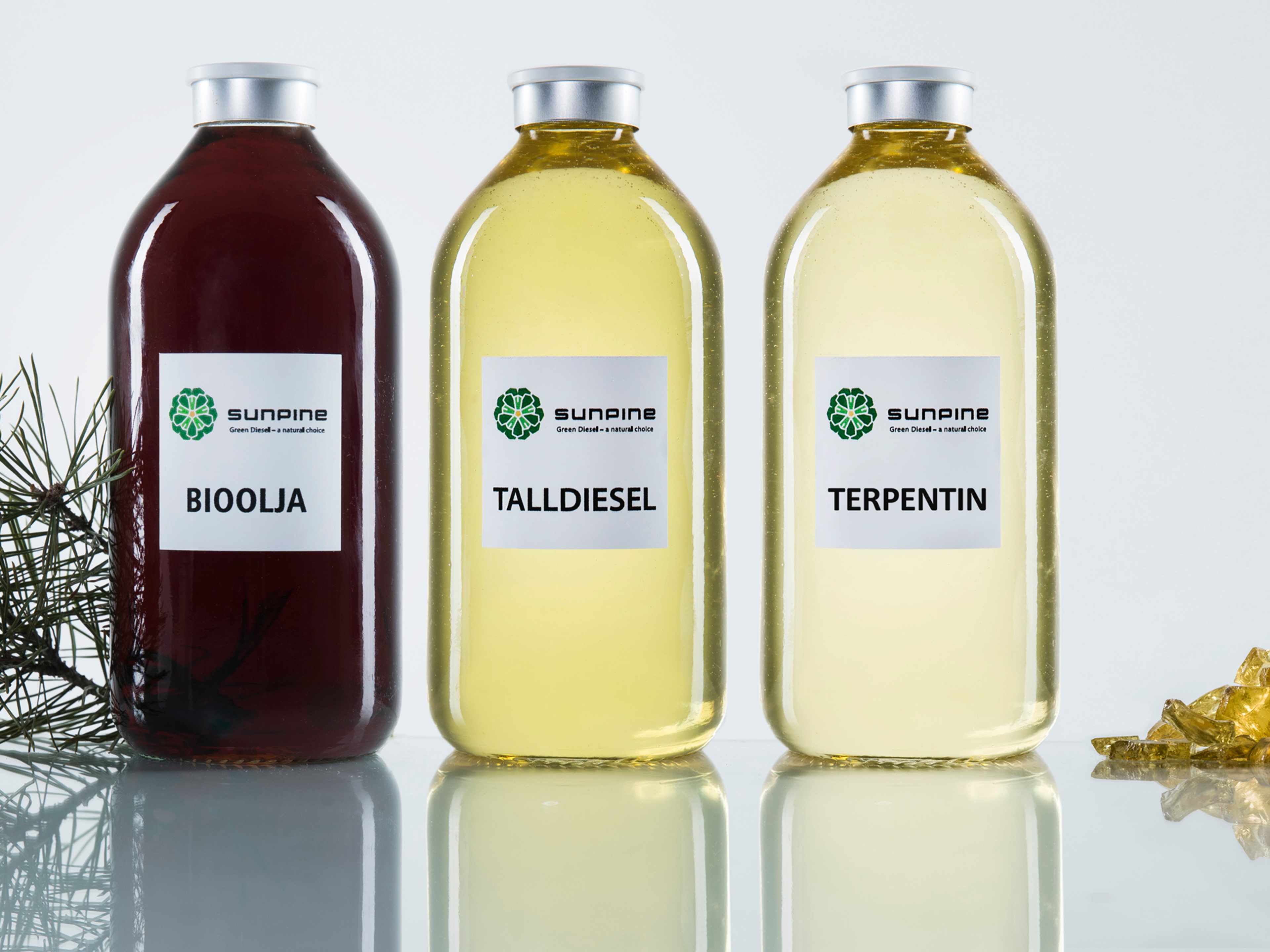 Flaskor med biobaserade vätskor från tall, märkta för olika produkter.
