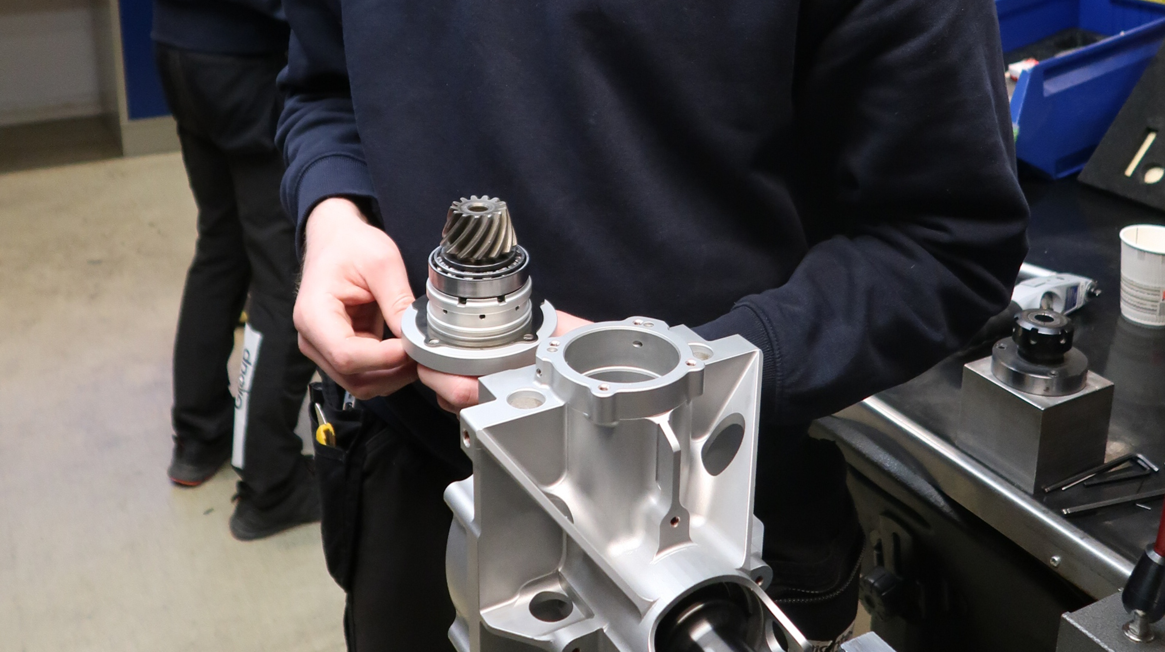 Helicopter gearbox in a workshop