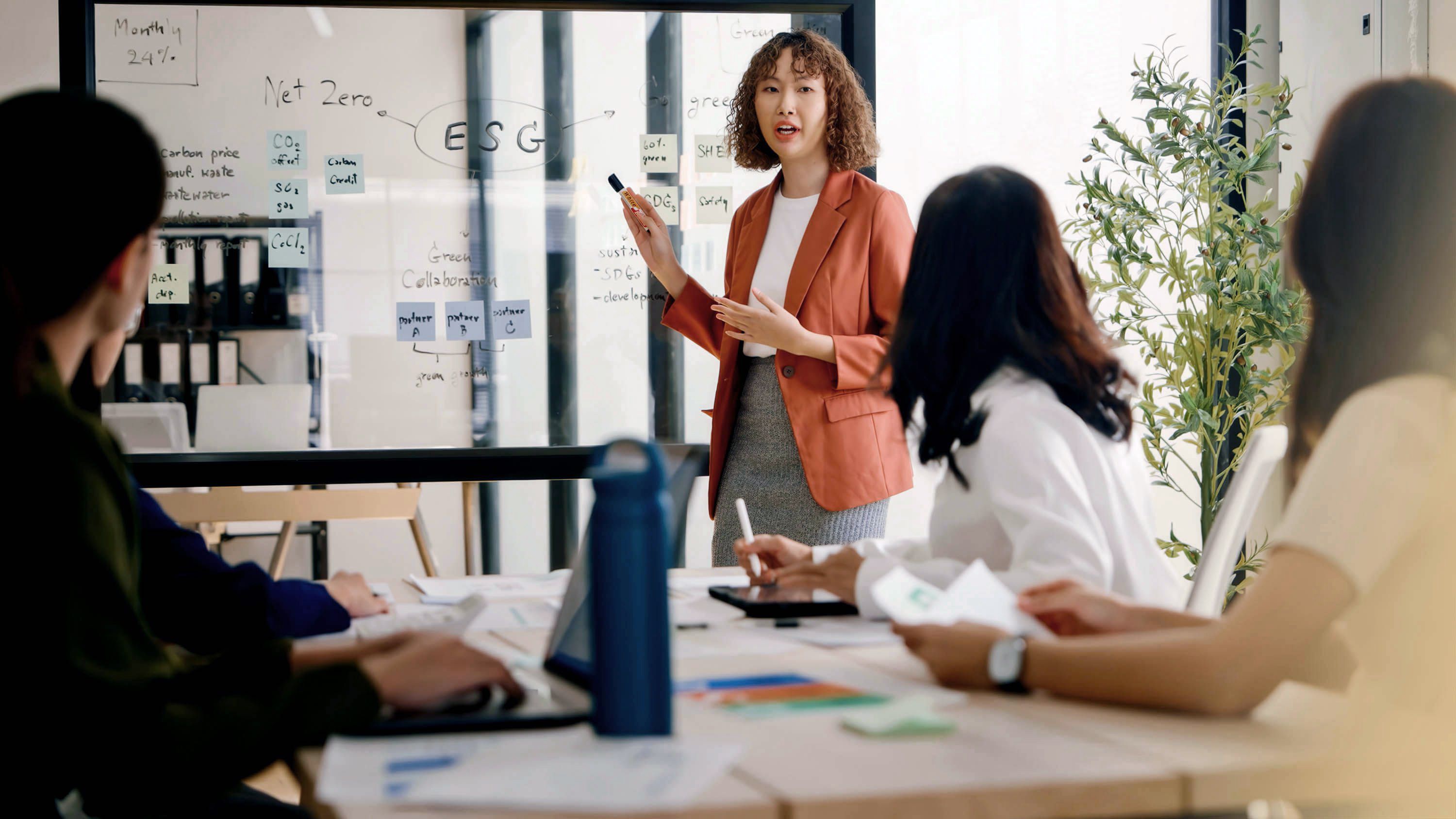 A group of people at a table, looking at a woman talking beside a glass whiteboard