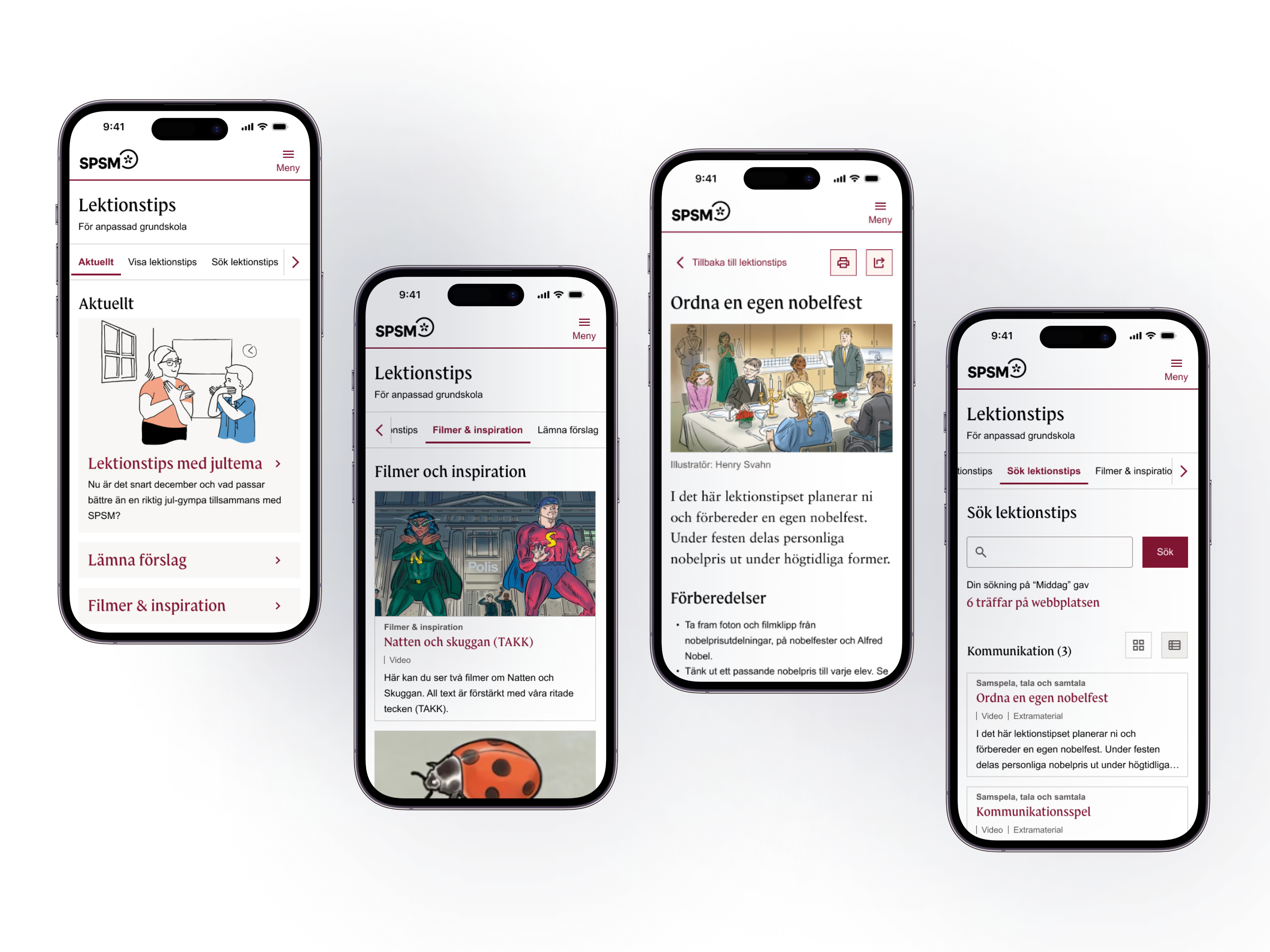 Four mobile phones with design on the screens