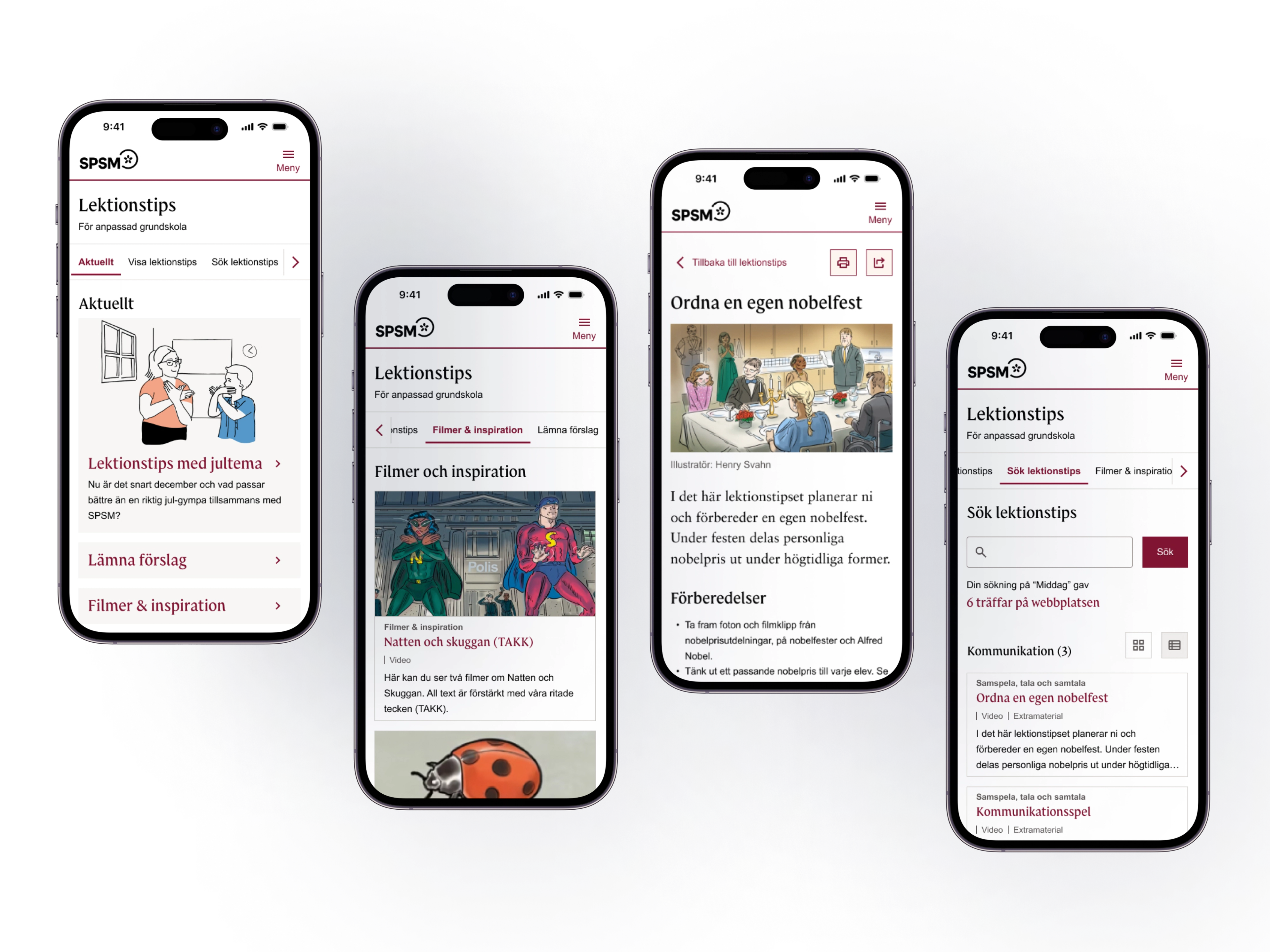 Four mobile phones with design on the screens