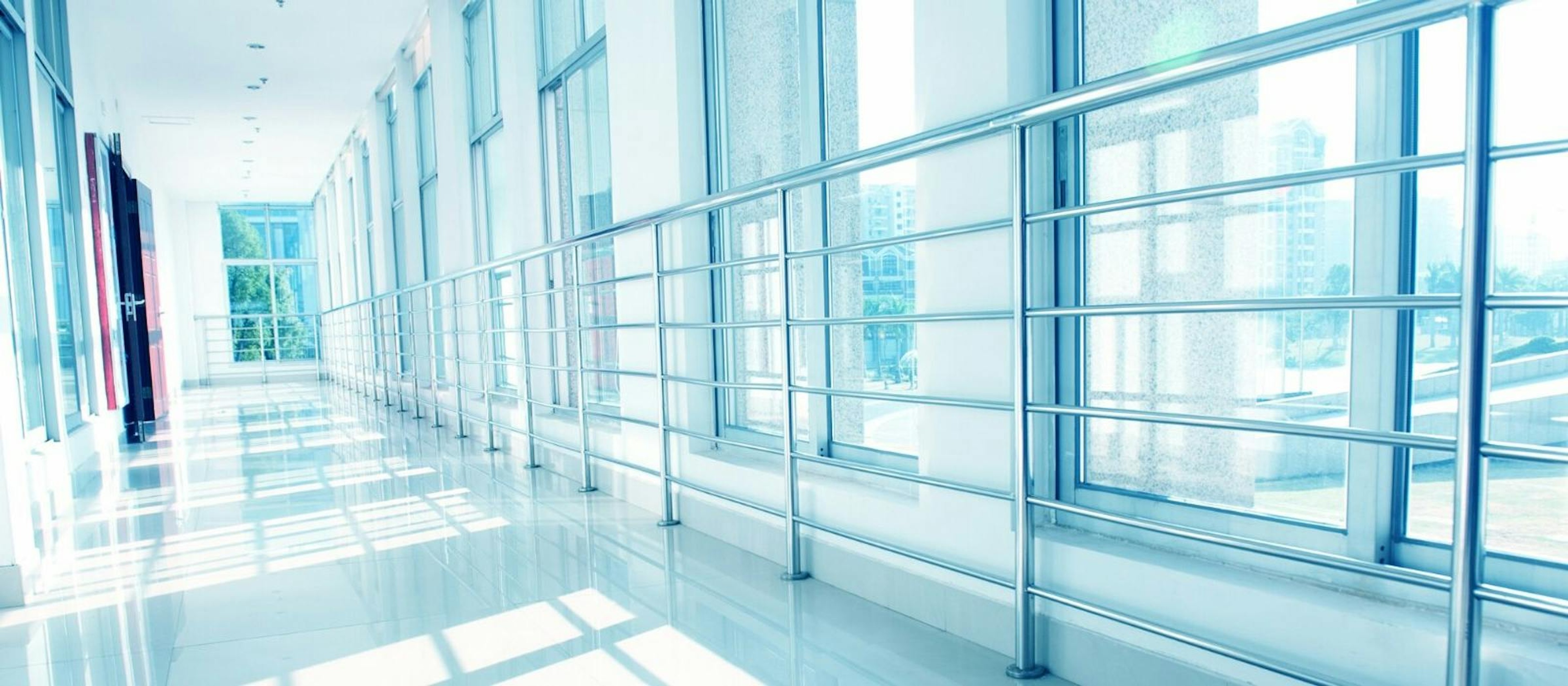 A hospital corridor without people