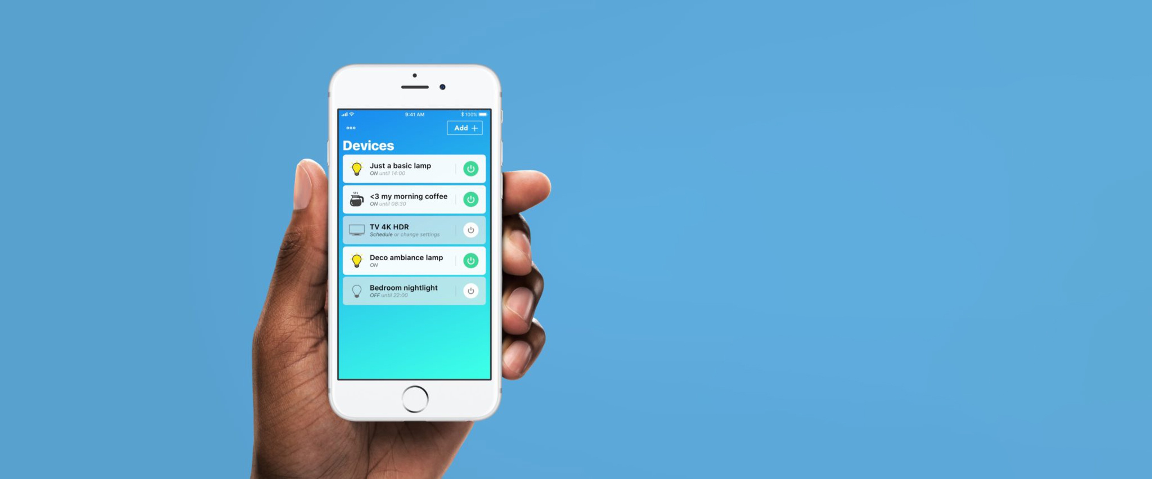 Closeup image of a hand holding a smartphone showcasing the app UI