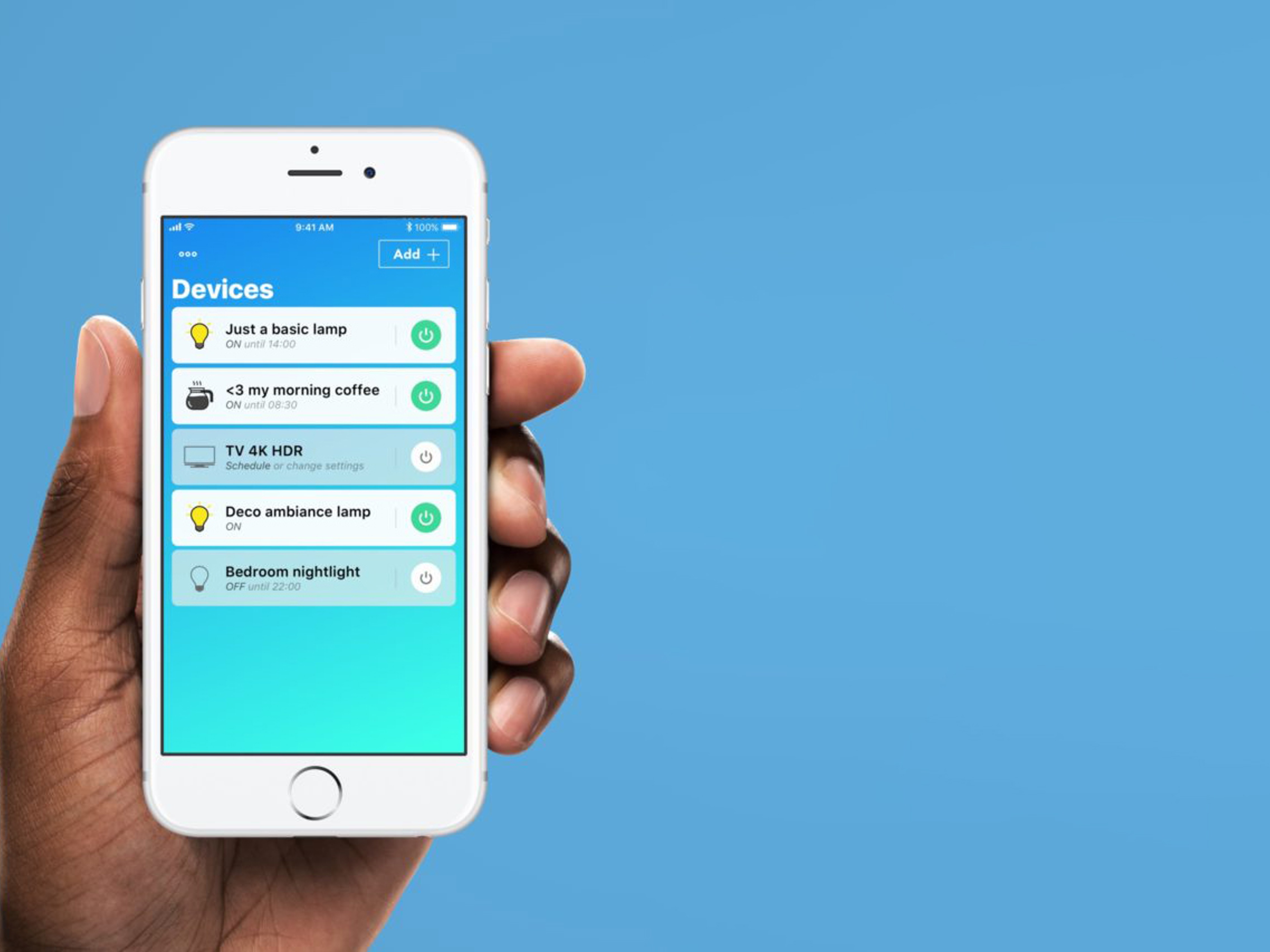 Closeup image of a hand holding a smartphone showcasing the app UI