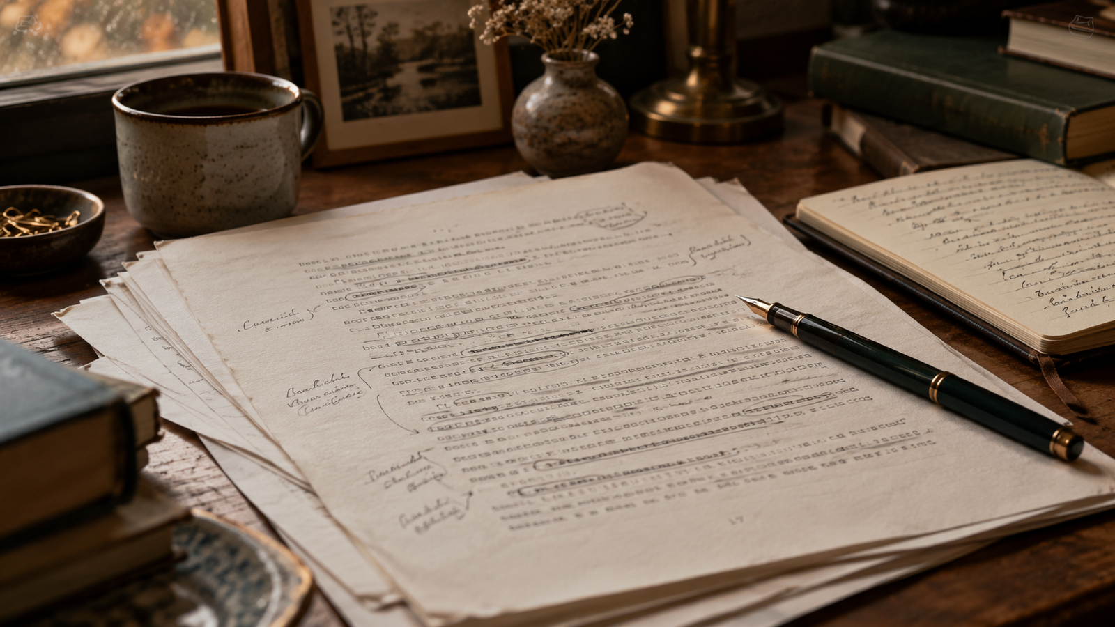 Printed manuscript pages covered in handwritten edits, with a fountain pen and an open notebook on a warmly lit wooden desk.