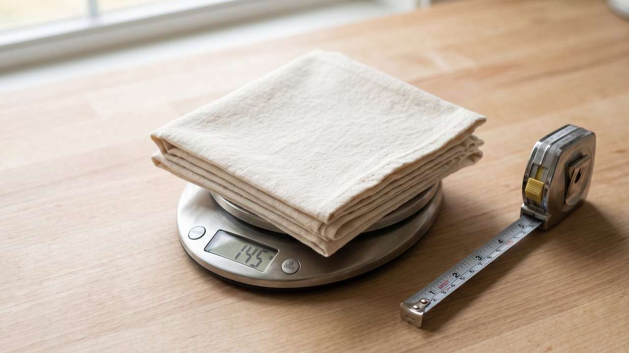 A folded cotton sample on a digital kitchen scale reading 145 grams, with a tape measure beside it on a wooden table