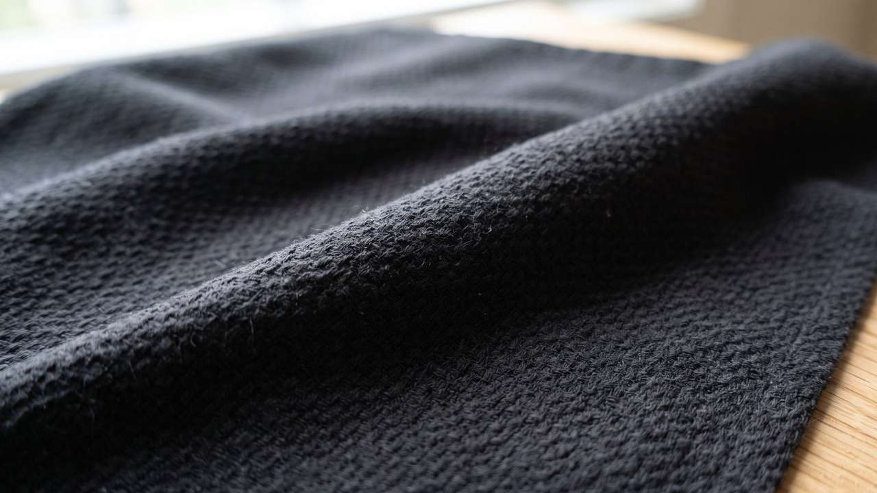 Close-up of black cotton texture dobby fabric showing its small woven geometric pattern
