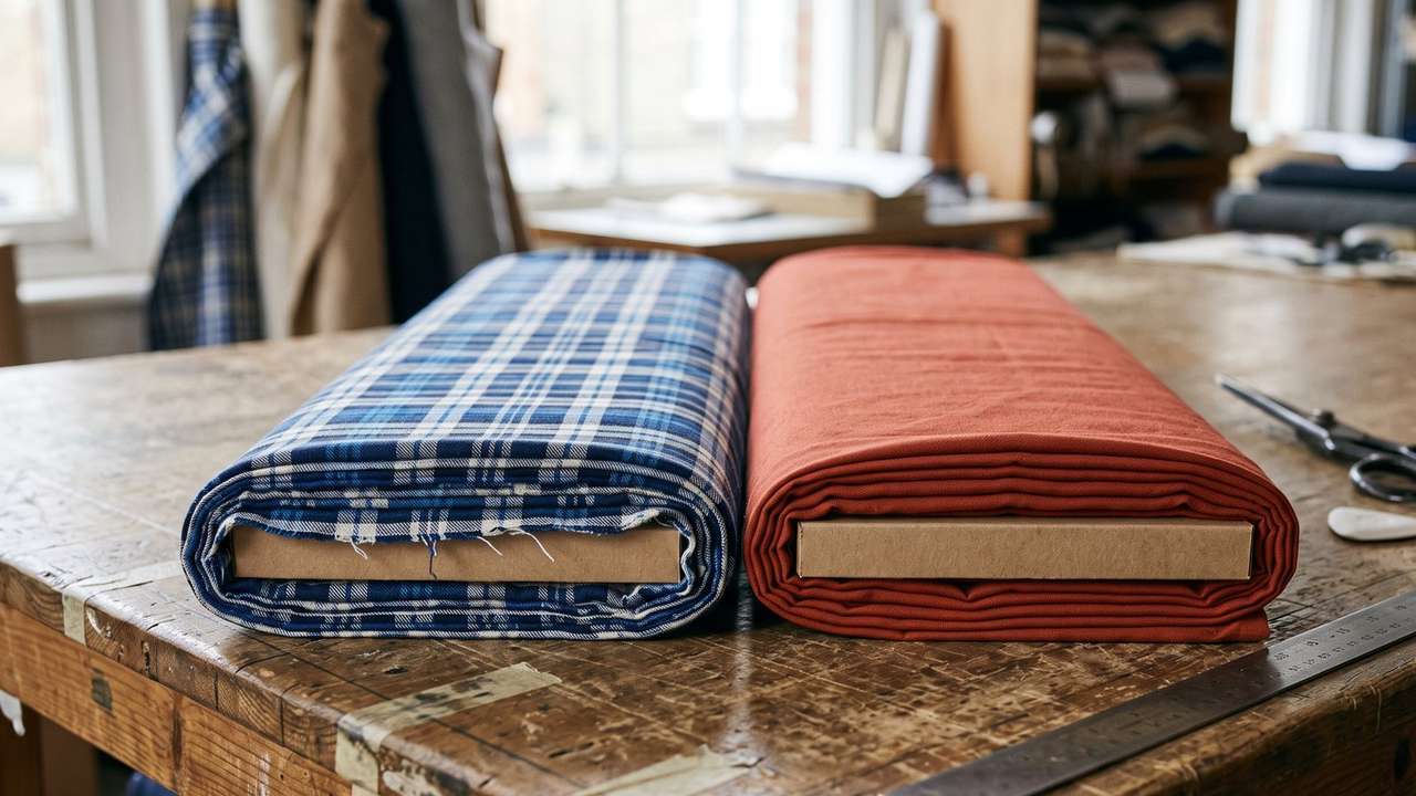 Yarn-dyed checked cotton next to solid piece-dyed cotton on a cutting table