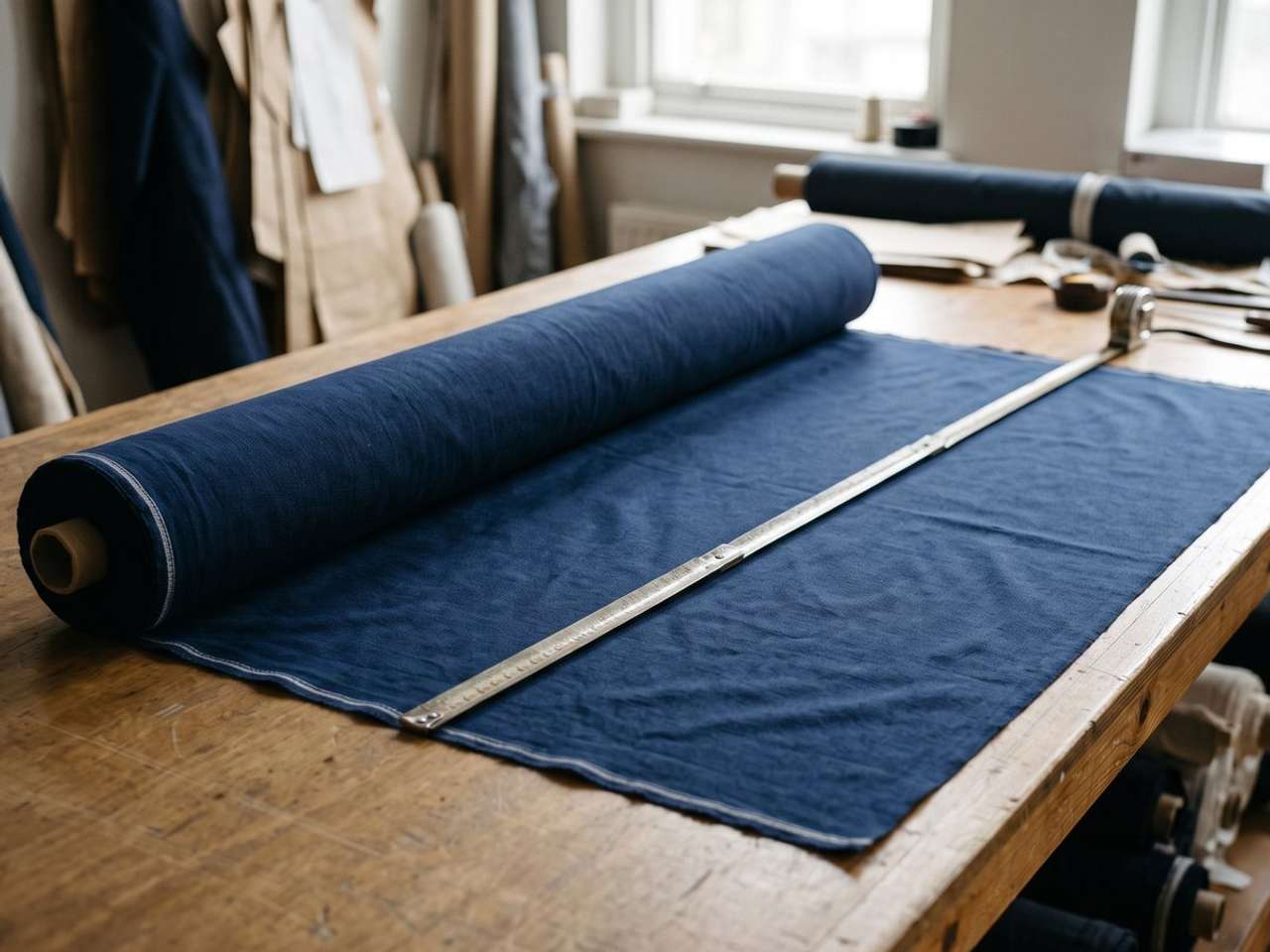 Measuring the width of a navy cotton roll from selvedge to selvedge with a tape measure