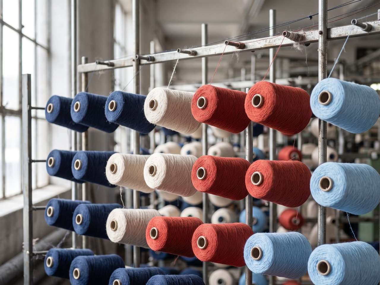 Dyed cotton yarn cones in indigo, white, red and sky blue on a mill creel