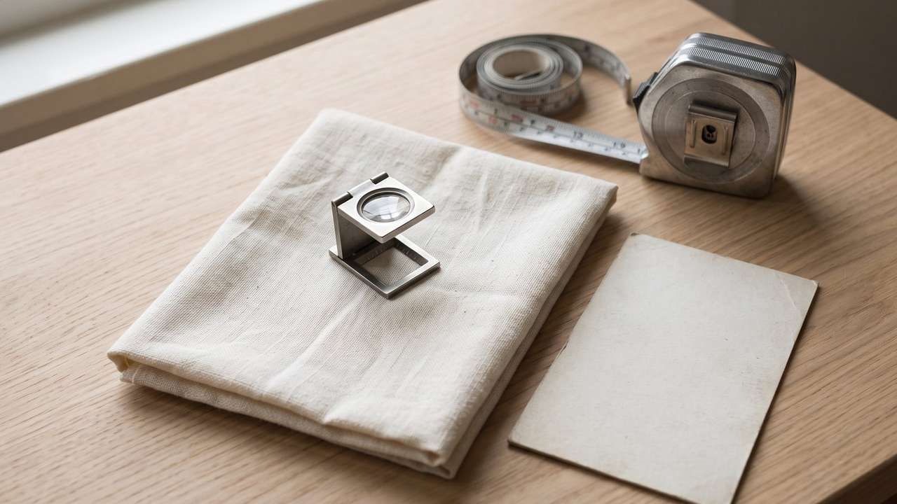 Tools for checking a fabric specification: a pick glass, a tape measure and a swatch on a desk
