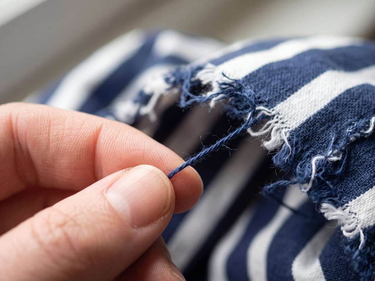 A thread pulled from the frayed edge of yarn-dyed striped fabric, coloured all the way through