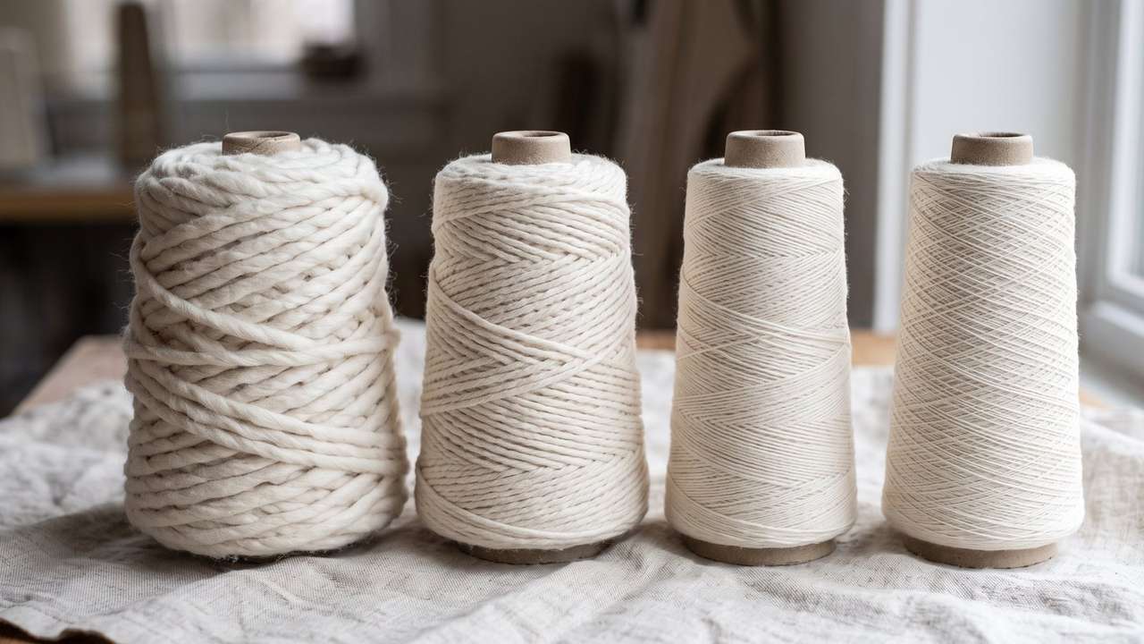 Four undyed cotton yarn cones in a row on a linen cloth, from a thick yarn on the left to a very fine yarn on the right