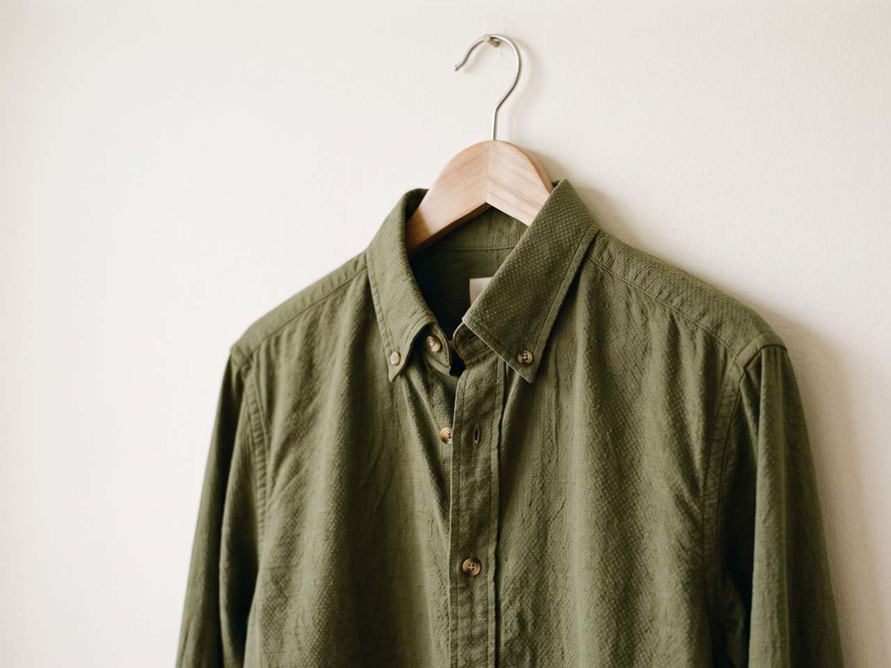 Olive cotton dobby fabric made into a casual shirt, hanging on a wooden hanger