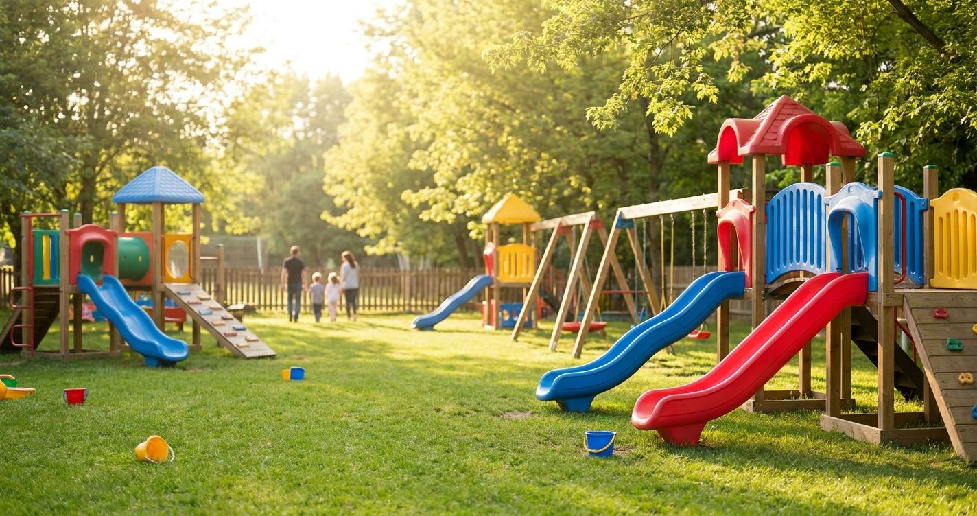 Sunny outdoor playground at a daycare center representing summer childcare coverage for school-age kids