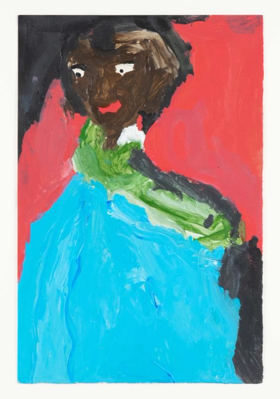 Acrylic on paper artwork featuring an abstract interpretation of a dark-skinned woman wearing a green and blue dress, surrounded by red and black hues.