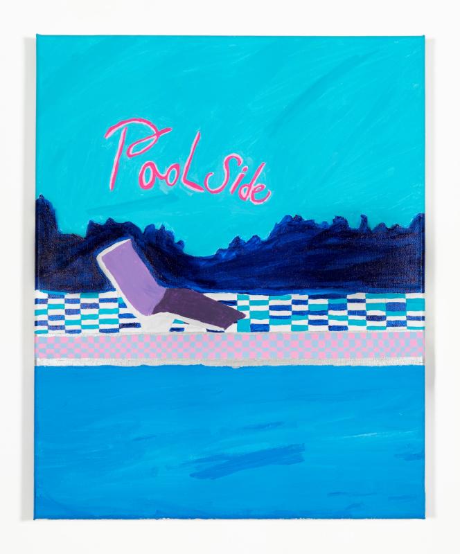 A painting depicting a beach chair poolside against a cerulean blue background. The word, "poolside" appears in hot pink above the chair.