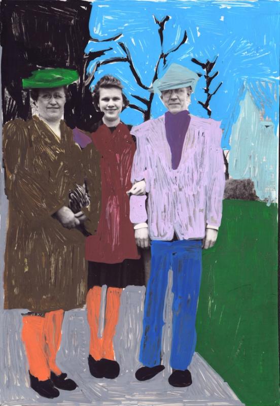 A brown, orange, red, blue, purple, and green paint marker on found mid century photograph of a young woman and her parents standing side by side in a warm embrace. 