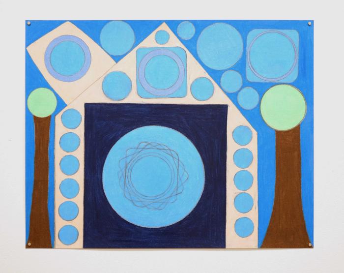 an mostly abstract drawing with deep blues and brown. there are two treeish shapes on each side left and right and many different light blue circles arrayed around a tan house shape