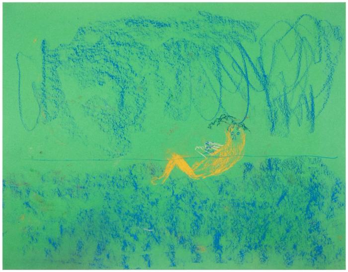 A pastel on green construction piece containing a yellow figure lying in what resembles an abstract interpretation of a body of water. 