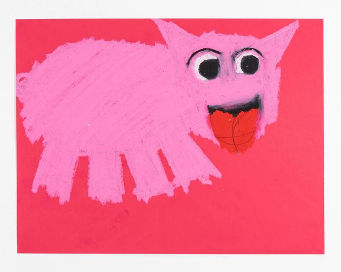 A pastel drawing of a pink pig with a happy facial expression on a red background.
