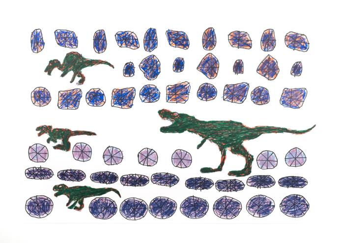 Colorful dinosaur illustrations with blue and purple shapes on a white background