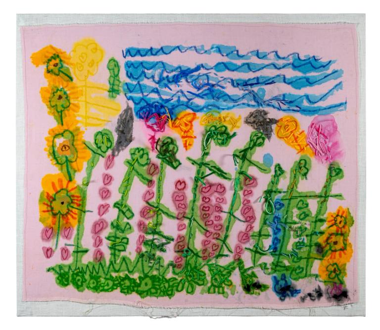 a mostly pink artwork. its a linen rectangle, mounted on stretched linen. there are loose depictions of yellow flowers with green stems, communicated with lines in paint and then embroidery. there is a blue sky above