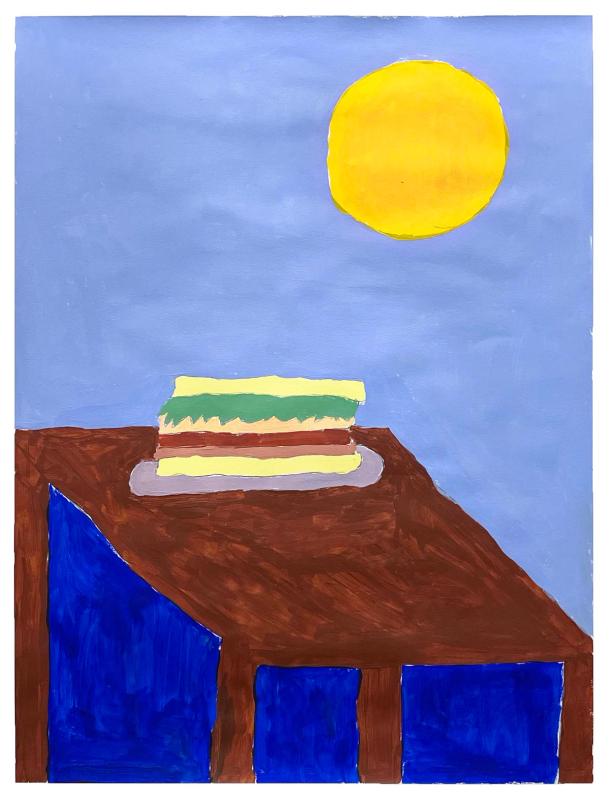 An acrylic painting of a sandwich on a table against a baby blue sky with warm yellow sun.