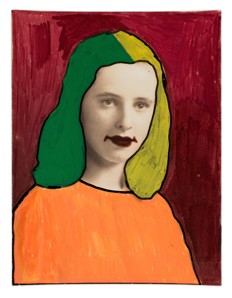 a painting atop a sepia toned photograph. a person is smiling gently. their top has been covered in a semi transparent orange and their hair is split down the middle with green and yellow. They sit against a dark red ground.