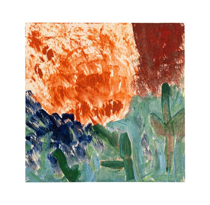 Abstract painting with a large orange sun and floral pastures