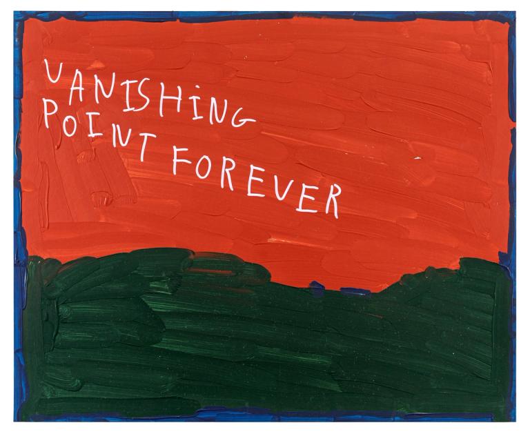 Expressive abstract painting with large, gestural brushstrokes moving mostly left to right, with a handful of vertical strokes. The painting contains two separate color fields: a dark green field on the bottom and a bright orange field above. The composition is bordered by a navy blue line. Hand-painted white text appears to read, “Vanishing Point Forever.”