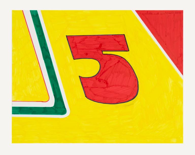 An artwork resembling the side of a racecar featuring the number '5' in red, set against a yellow background. To the left of the number is a green racing stripe.