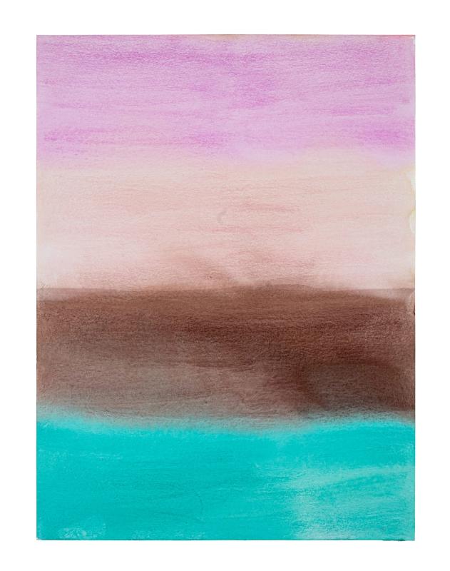 Abstract art with horizontal stripes of purple, pink, brown, and blue on a white background