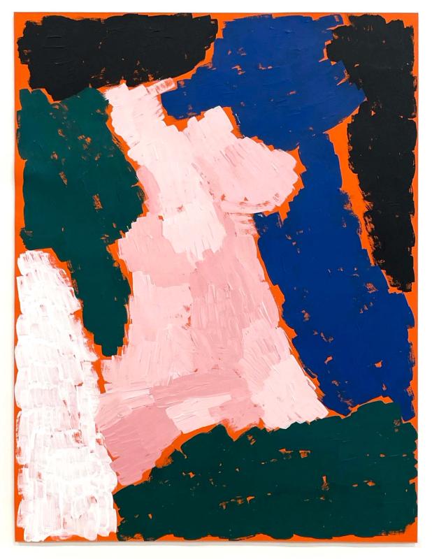 a brushy abstract painting with black, blue, pink, white, and green in big areas, on bright orange paper, applied brusquely and not overlapping. the pink is slightly mixed visibly with white in areas